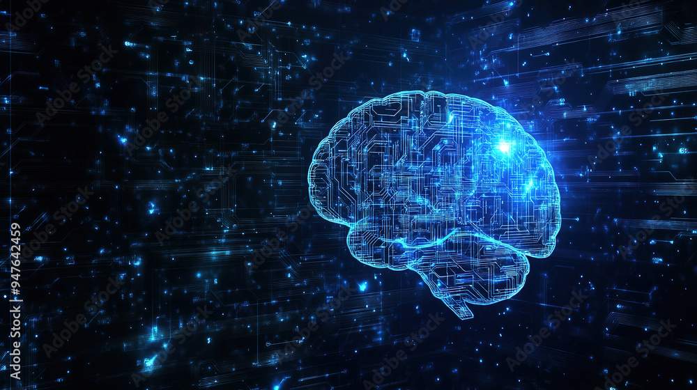 Poster hologram of the brain. brain and technology network. digital brain with glowing circuit patterns. fu