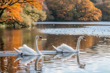 Fototapeta premium Two swans swimming in a lake