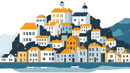 Naklejka premium Colorful Illustration of a Small Town by the Sea
