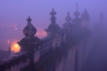 Fototapeta premium An eerie image of a cemetery at night, shrouded in fog. Ornate mausoleums stand tall, lit by dim lights