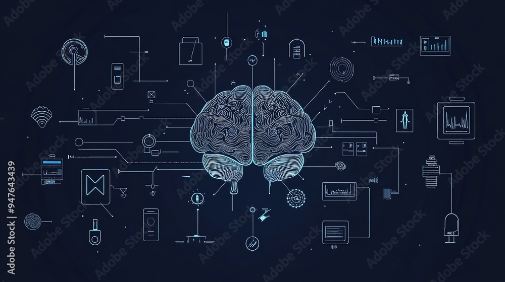 Poster hologram of the brain. brain and technology network. digital brain with glowing circuit patterns. fu