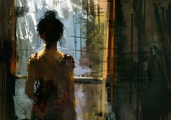 Woman Looking Out Window Abstract Painting