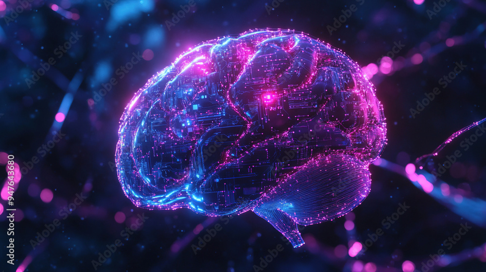Poster hologram of the brain. brain and technology network. digital brain with glowing circuit patterns. fu