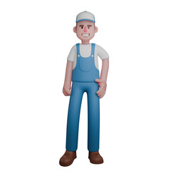 3D Mechanic Character. A mechanic stands in a relaxed pose, wearing work attire consisting of a white t-shirt, blue overalls, and a cap. Professional Auto Repair Cartoon
