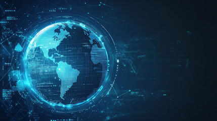 Obraz premium Global network concept. Abstract globe background. Symbolizing global network connectivity. Technology background. Abstract digital blue background with a futuristic globe. Copy space area