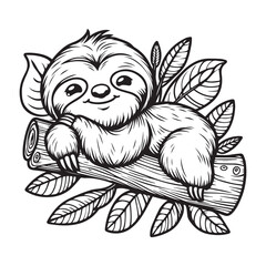 cute sloth vector art outline illustration