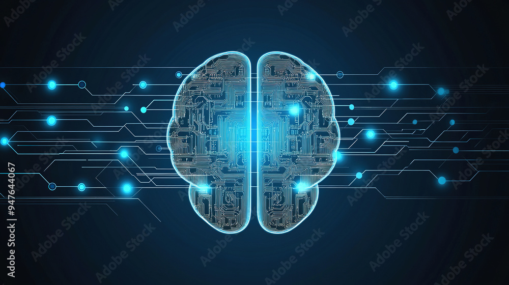 Poster hologram of the brain. brain and technology network. digital brain with glowing circuit patterns. fu
