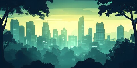 Fototapeta premium Green Cityscape with Buildings and Trees