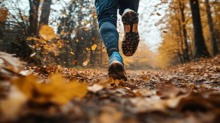 In a beautiful autumn forest filled with falling leaves a man races forward engaged in orienteering embracing the challenge of the winding path