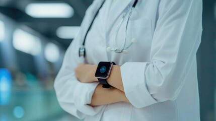 Naklejka premium Remote patient monitoring with wearable health devices like smartwatches or fitness trackers in a blurred background