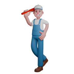 3D Cartoon Mechanic. A mechanic stands casually, holding a pipe wrench in his right hand while resting his left hand on his waist. Automotive Expert