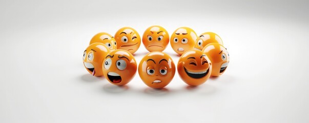 Emotion-filled 3D emojis neatly arranged in a circle, each showcasing a unique facial expression, against a plain white background with plenty of copy space.
