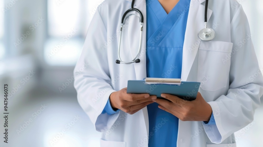 Poster doctor in medical scrubs and coat conducting a telehealth consultation with a patient using a laptop