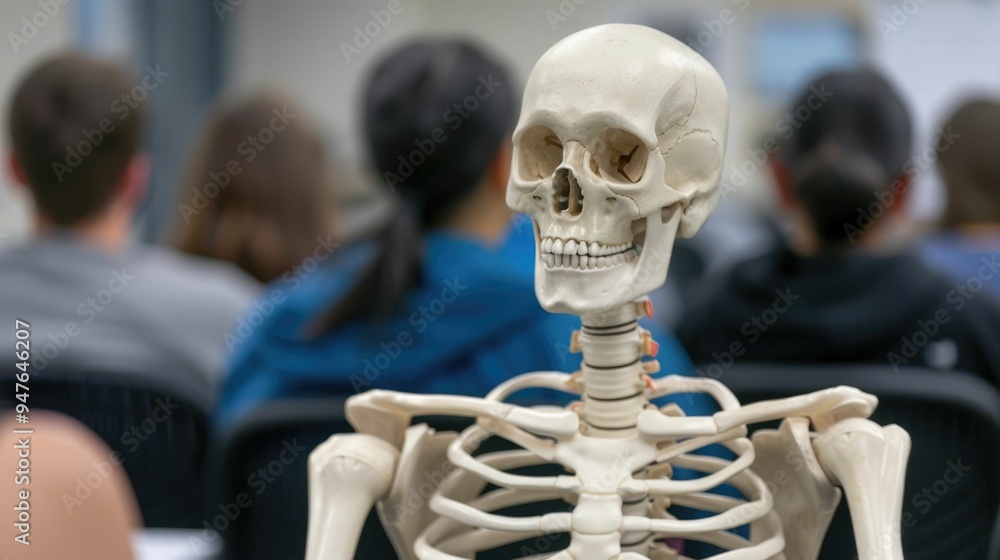 Poster skeleton model on display during an interactive medical education workshop or presentation for a div