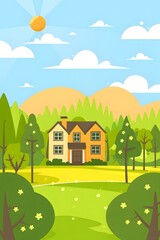 Fototapeta premium Beautiful Yellow House with Green Trees and Blue Sky Illustration