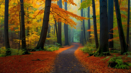 Obraz premium Winding Path Through a Foggy Autumn Forest