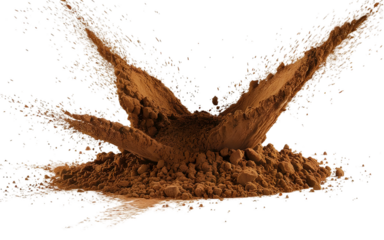 Explosion splash of ground coffee or cocoa powder with freeze isolated on background, pile of splatter of coffee grind dust powder, brown shattered beans.