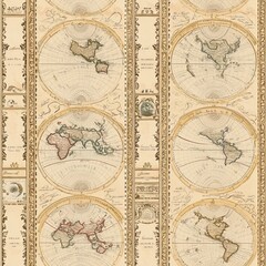  Seamless pattern of antique world maps with ornate borders