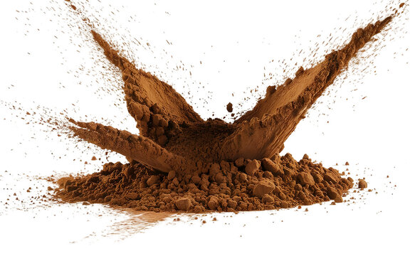 Explosion splash of ground coffee or cocoa powder with freeze isolated on background, pile of splatter of coffee grind dust powder, brown shattered beans.