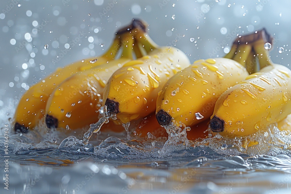 Poster a bunch of ripe bananas splashing into a pool of water, creating a dynamic and refreshing scene.