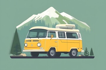 Yellow Van In Front of Mountain