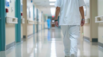 Healthcare provider walking in hospital corridor while coordinating care for a chronic condition patient with a deep depth of field effect blurring the background details