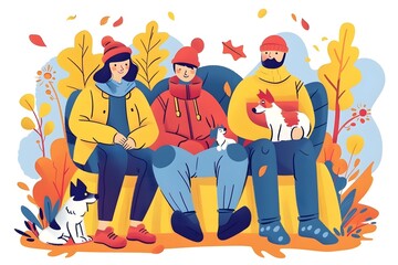 Naklejka premium Family with Dogs Relaxing in Autumn Park Illustration