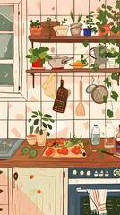 Kitchen Illustration with Plants and Tomatoes
