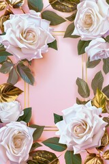 White roses frame a pink background