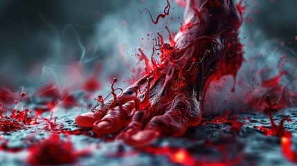 Dramatic medical illustration of necrotizing fasciitis, critical surgical intervention and debridement process necessary to save lives in cases of severe bacterial infection and tissue necrosis 