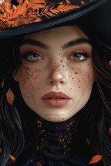 Close-up illustration of a beautiful witch with freckles, wearing a wide-brimmed hat adorned with autumn leaves