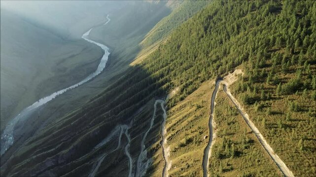 Aerial drone view of Katu Yaryk pass and valley of river of Chulyshman in Altai Republic