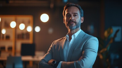 Fototapeta premium A startup founder presents a new business idea to potential investors in a sleek office space, with bright lighting and an innovative presentation capturing the entrepreneurial spirit.