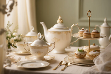 Fototapeta premium Elegant Tea Time Scene with Fine China and Delicate Pastries in a Serene Setting