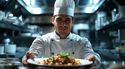 A successful chef presents a gourmet dish in a high-end restaurant kitchen, with bright lighting enhancing the culinary achievement and professional pride.