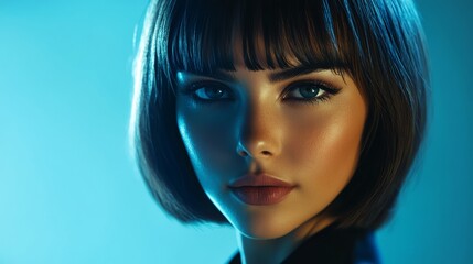 A striking young woman gazes confidently her healthy skin glowing under soft blue lighting Her expressive features and sleek bob hairstyle create an enchanting artistic allure