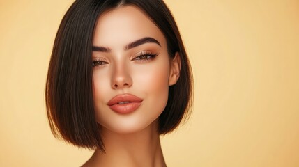 Fototapeta premium A strikingly beautiful woman showcases her healthy complexion and captivating expression against a vibrant yellow background embodying confidence and elegance effortlessly