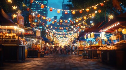 A Labour Day street festival features food stalls, music, and entertainment, with bright lighting and a vibrant crowd creating a festive atmosphere.