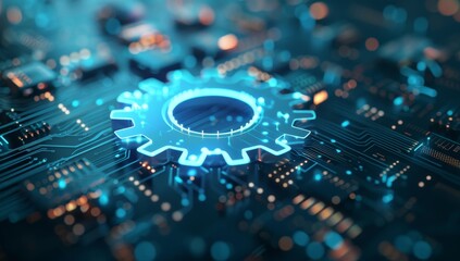A blue and orange computer chip with a gear on it by AI generated image
