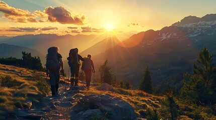 Fototapeta premium Hikers on a Mountain Ridge at Sunset