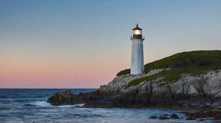 Fototapeta premium Lighted Lighthouse on a Rocky Coast at Sunset