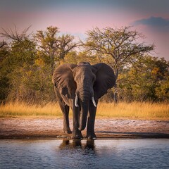 Obraz premium Africa, Botswana, Chobe National Park, African Elephant stands at edge of water hole in Savuti Marsh elephant, wildlife, safari, animal, mammal, nature, wild, trunk, big, elephants, tusks, tusk, ivory