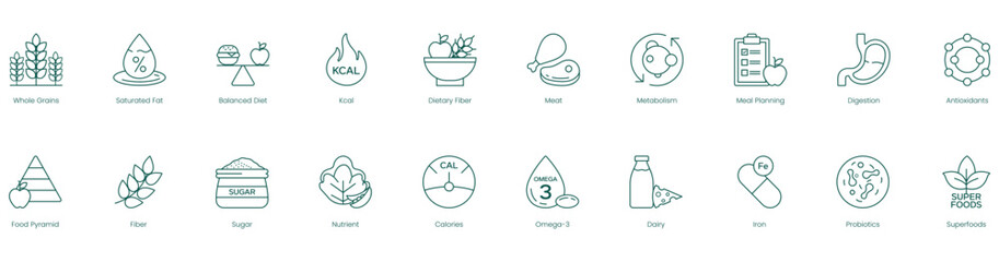 Comprehensive Nutrition Vector Icons: Whole Grain, Saturated Fats, Balanced Diet, Calories, Dietary Fiber, Meat Metabolism, Meal Planning, Digestion, Antioxidants, Food Pyramid, Fiber, Sugar