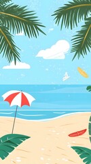 Summer Beach Landscape Illustration with Palm Trees and Beach Umbrella