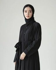 Fototapeta premium The confident Muslim woman elegantly stands wearing a sleek black hijab and a flowing outfit Her poised demeanor reflects self assurance and modern style against a simple background