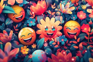 Emojis nestled within abstract floral patterns, creating a harmonious fusion,