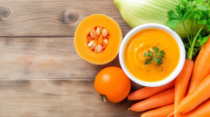 A bowl of soup with carrots and a tomato sits on a wooden table. The soup is orange and the carrots are orange as well. The bowl is placed in front of a carrot and a tomato
