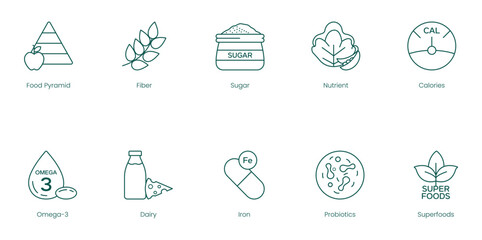 Fototapeta premium Comprehensive Nutrition Vector Icons: Food Pyramid, Fiber, Sugar, Nutrients, Calories, Omega-3, Dairy, Iron, Probiotics, and Superfoods