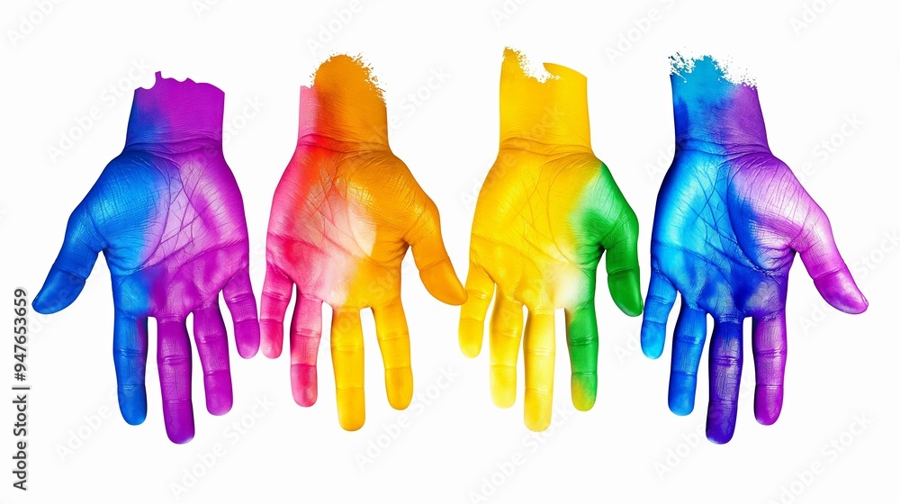 Poster a hand with a rainbow of colors on it. the hand is in the middle of a white background