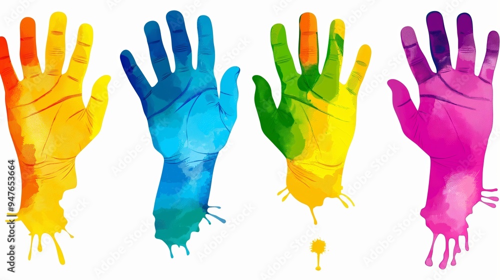 Poster a colorful hand with a white background. the hand is in the middle of the image and is the only one 